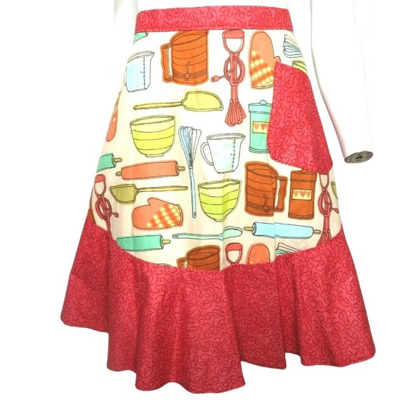 Retro Cooking Half Apron One Size Baking Red Ruffle Pocket Tie Waist NEW - Picture 3 of 11